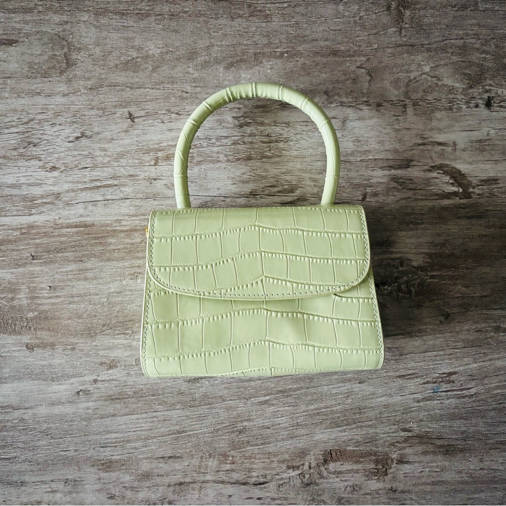 By Far Mini Bag Green Crocodile Embossed Leather Top Handle Bag